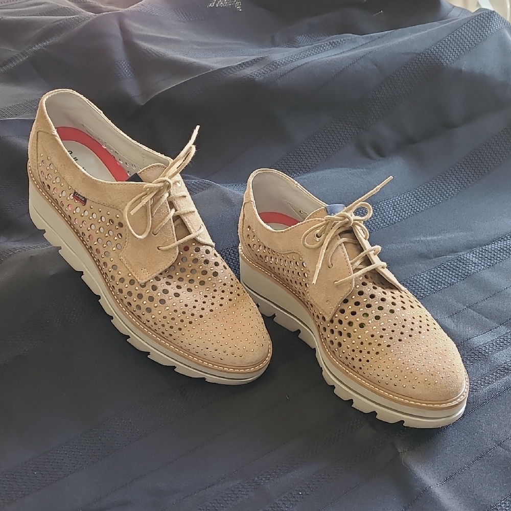 Tan Suede Flats with Perforated Design